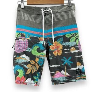 Nauset Surf Gray Multicolor Tropical Floral Palm Tree Print‎ Swim Trunks Sz 27